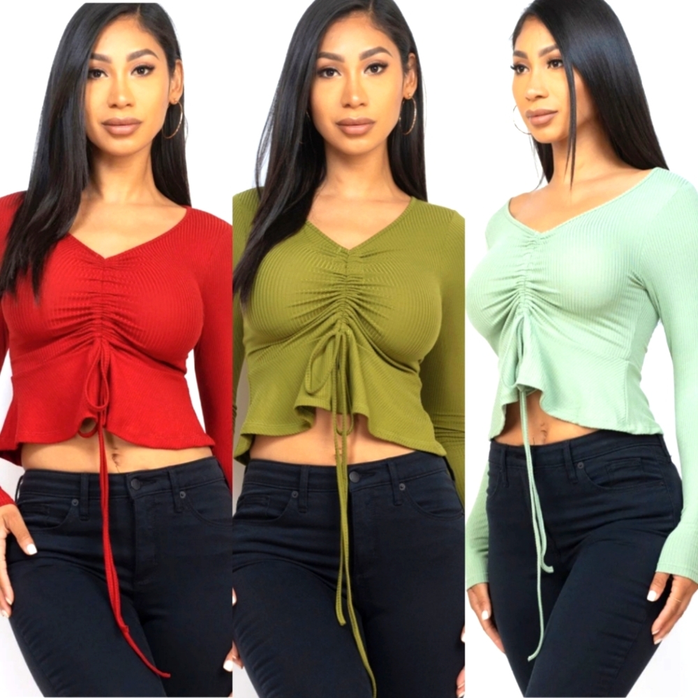 Women's Ribbed Drawstring Peplum Top